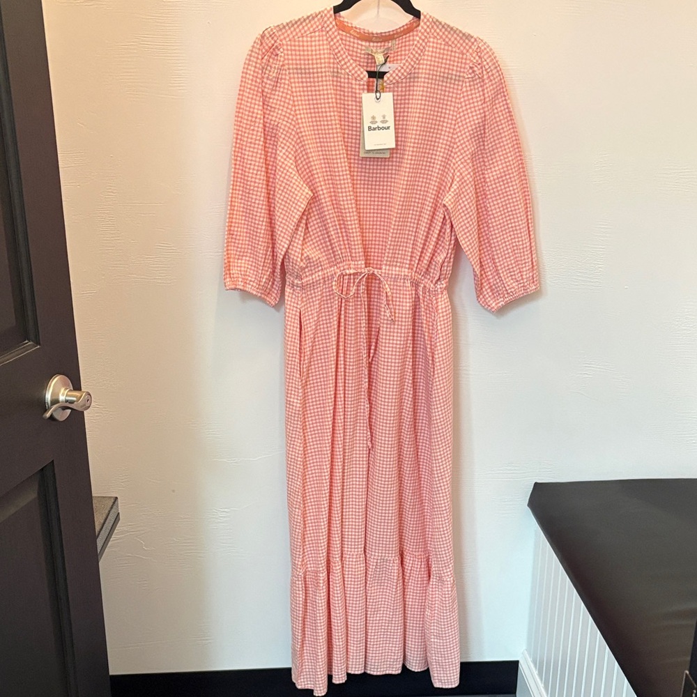 Barbour Pink Gingham Maxi Dress with Drawstring Waist